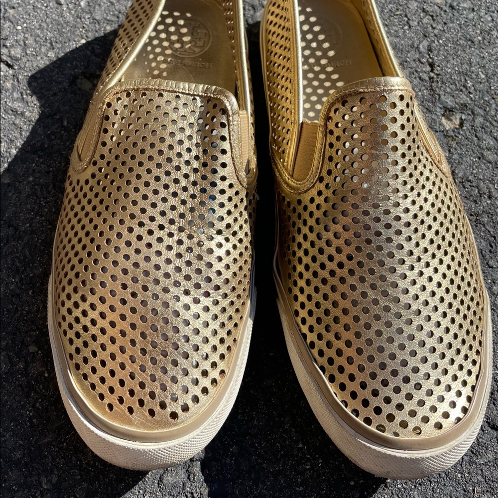 Tory Burch Gold perforated slip on sneakers
